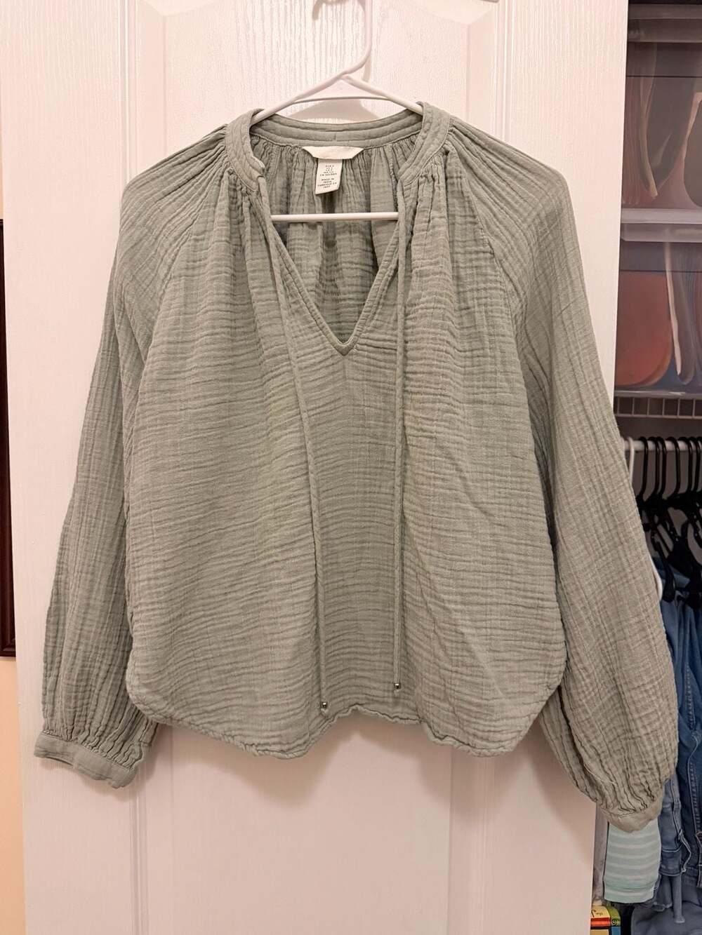 H&M Blouse Size S Sage Green Double-Weave Tie Neck